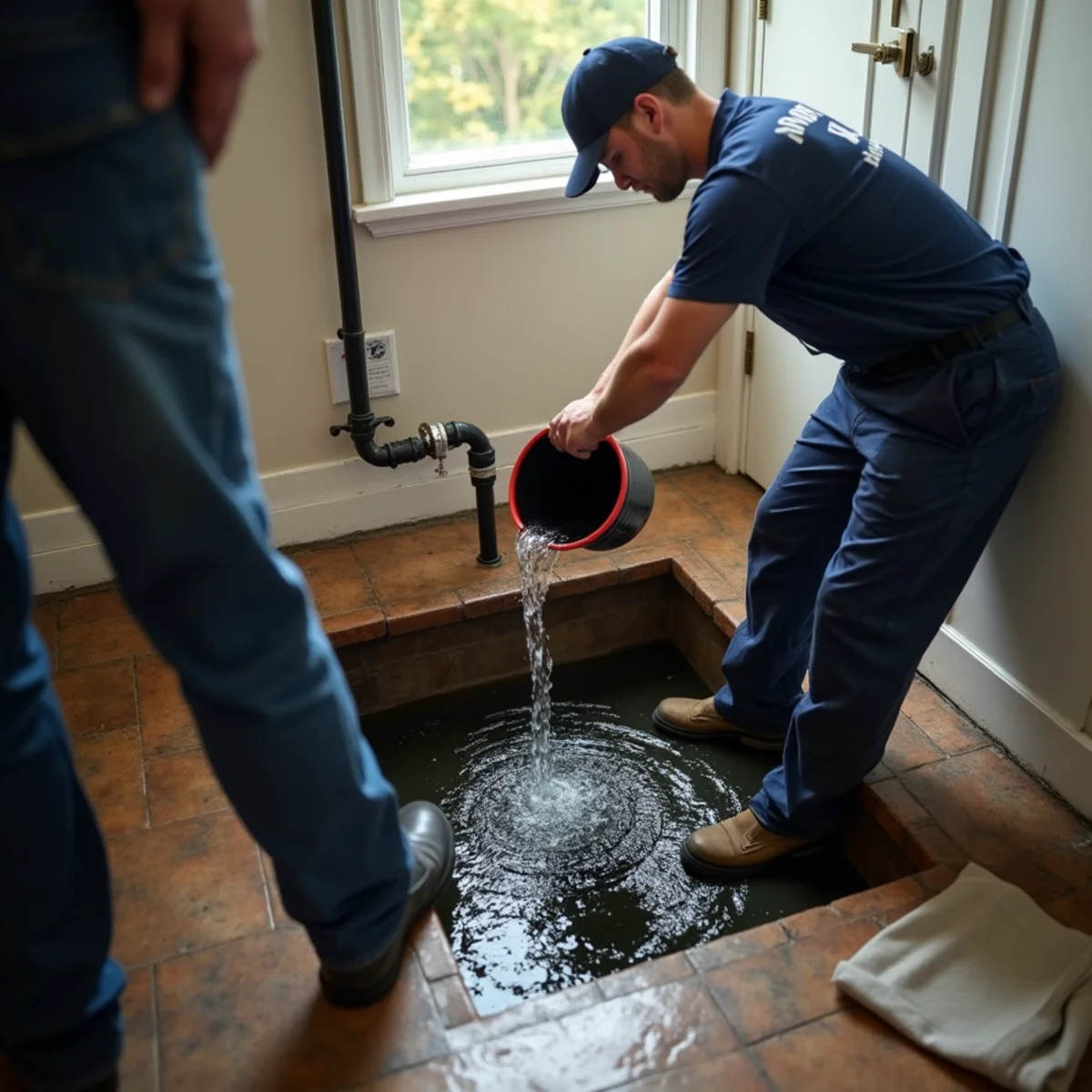 Homeowner pouring water into a sump pit to test the pump before spring storm season