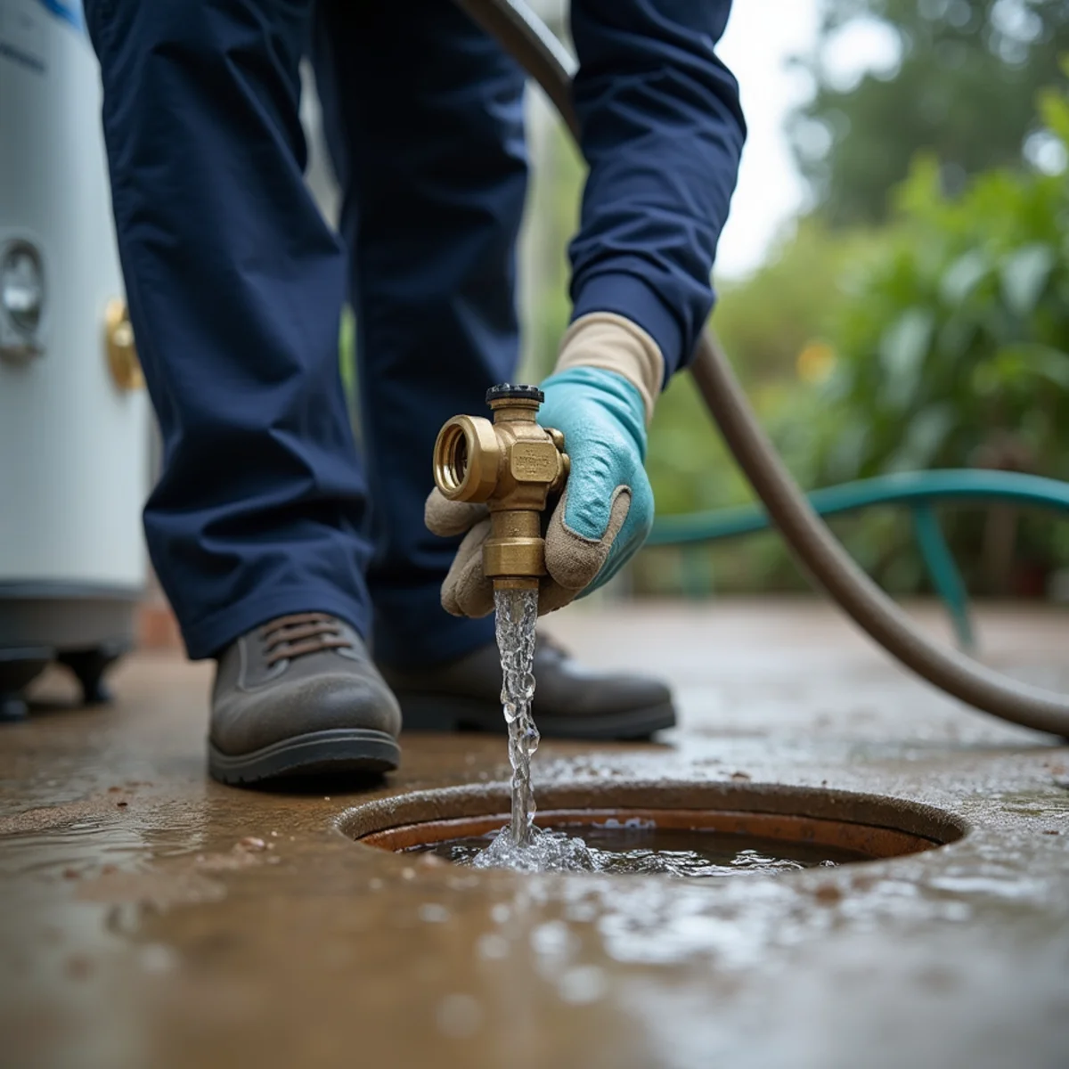 Garden hose attached to a water heater drain valve to flush sediment