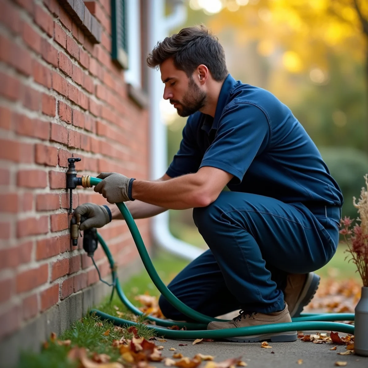 Homeowner disconnecting a garden hose from an outdoor spigot before winter