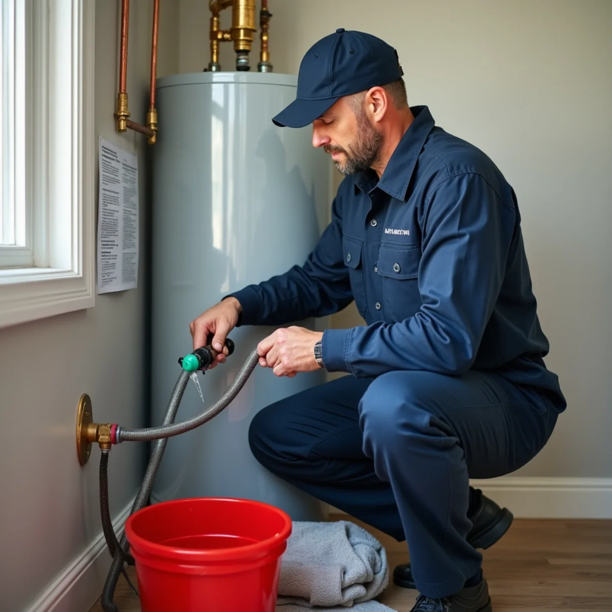 Homeowner flushing sediment from a water heater tank as part of annual plumbing maintenance