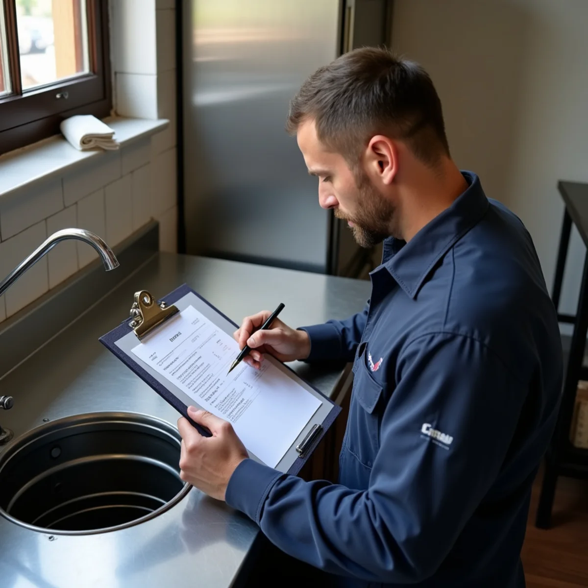 Commercial plumber servicing a grease interceptor at a downtown Fredericksburg VA restaurant