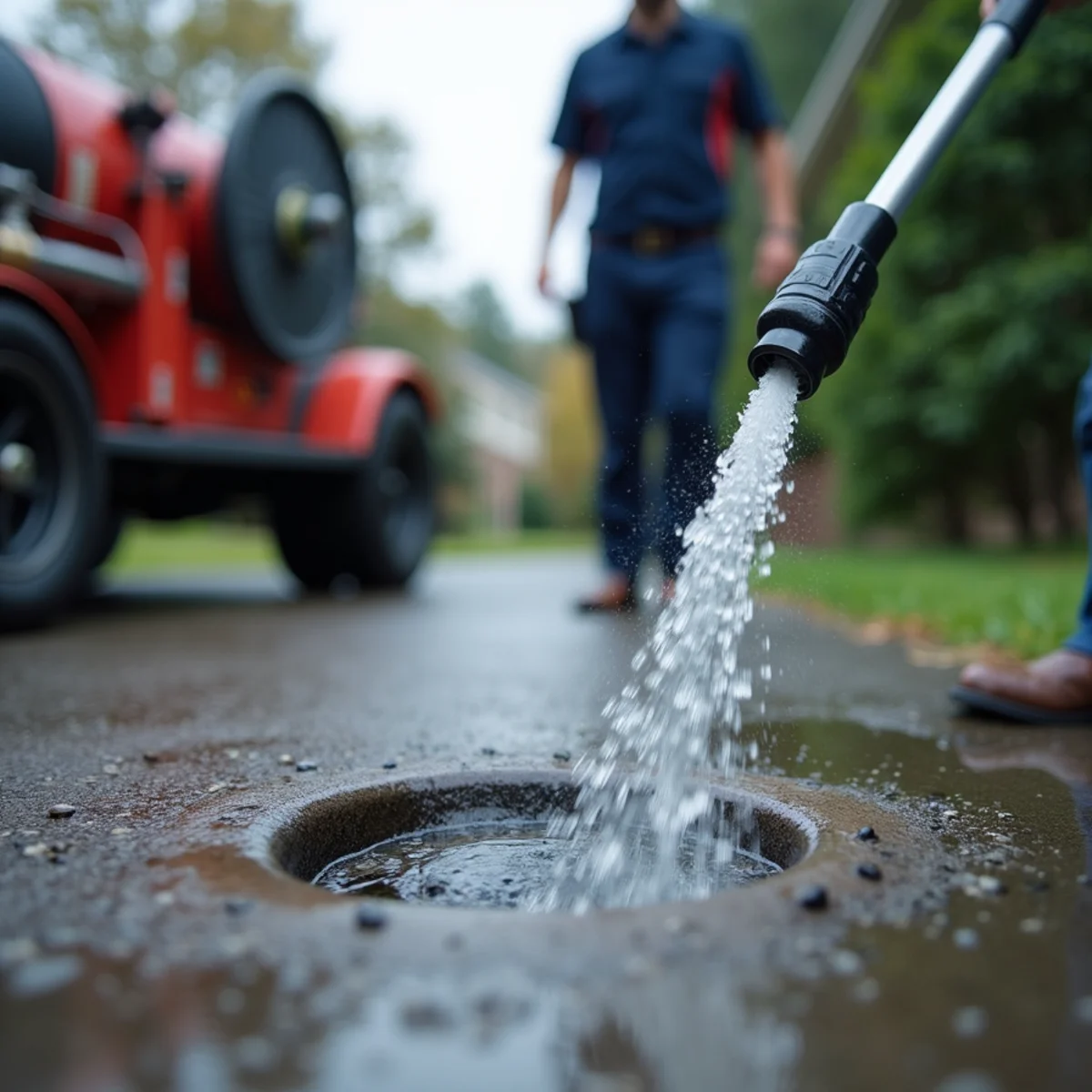 Hydro jetting nozzle and hose being fed into a sewer cleanout at a Fredericksburg VA home