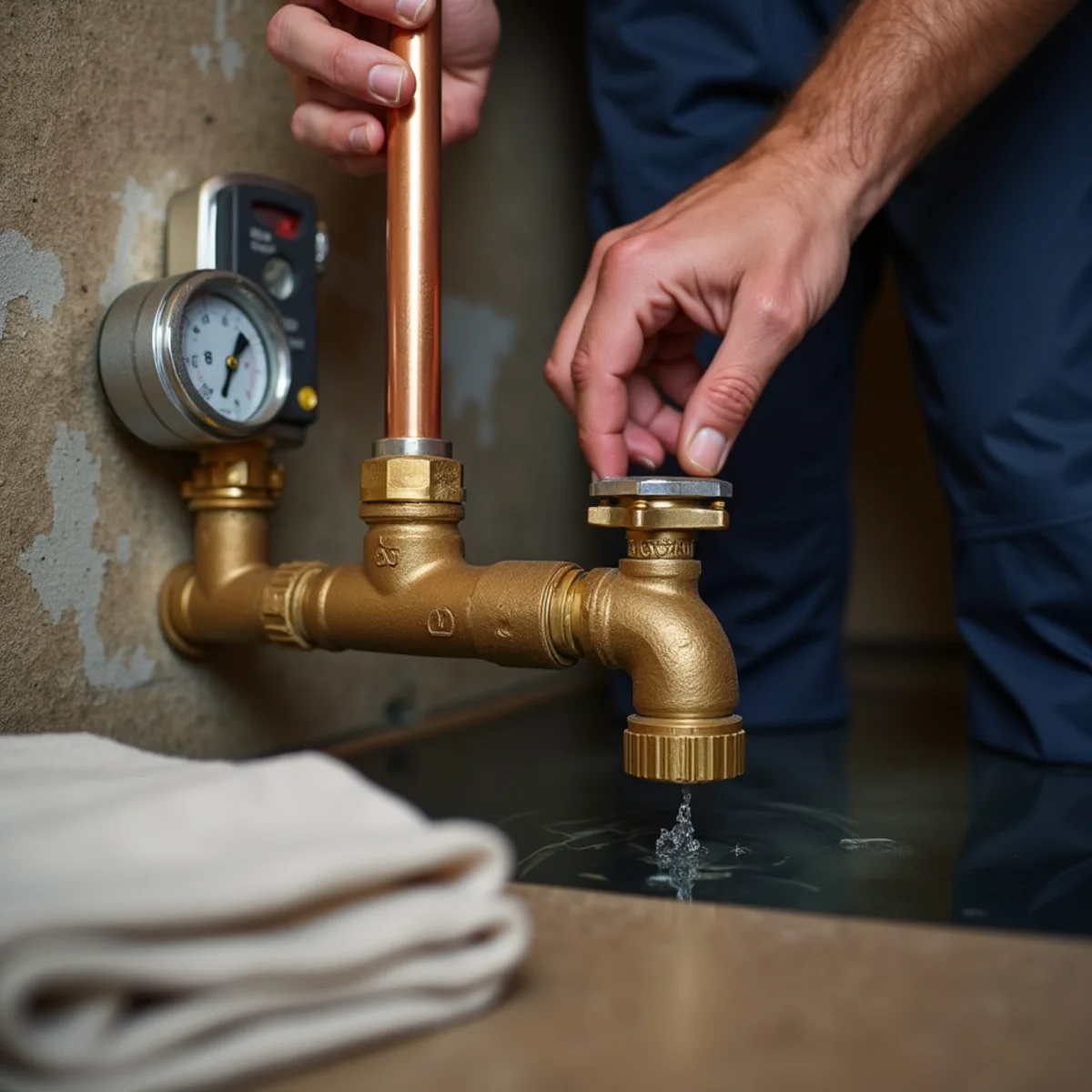 Plumber closing the main water shutoff valve during an emergency call in a Fredericksburg VA basement