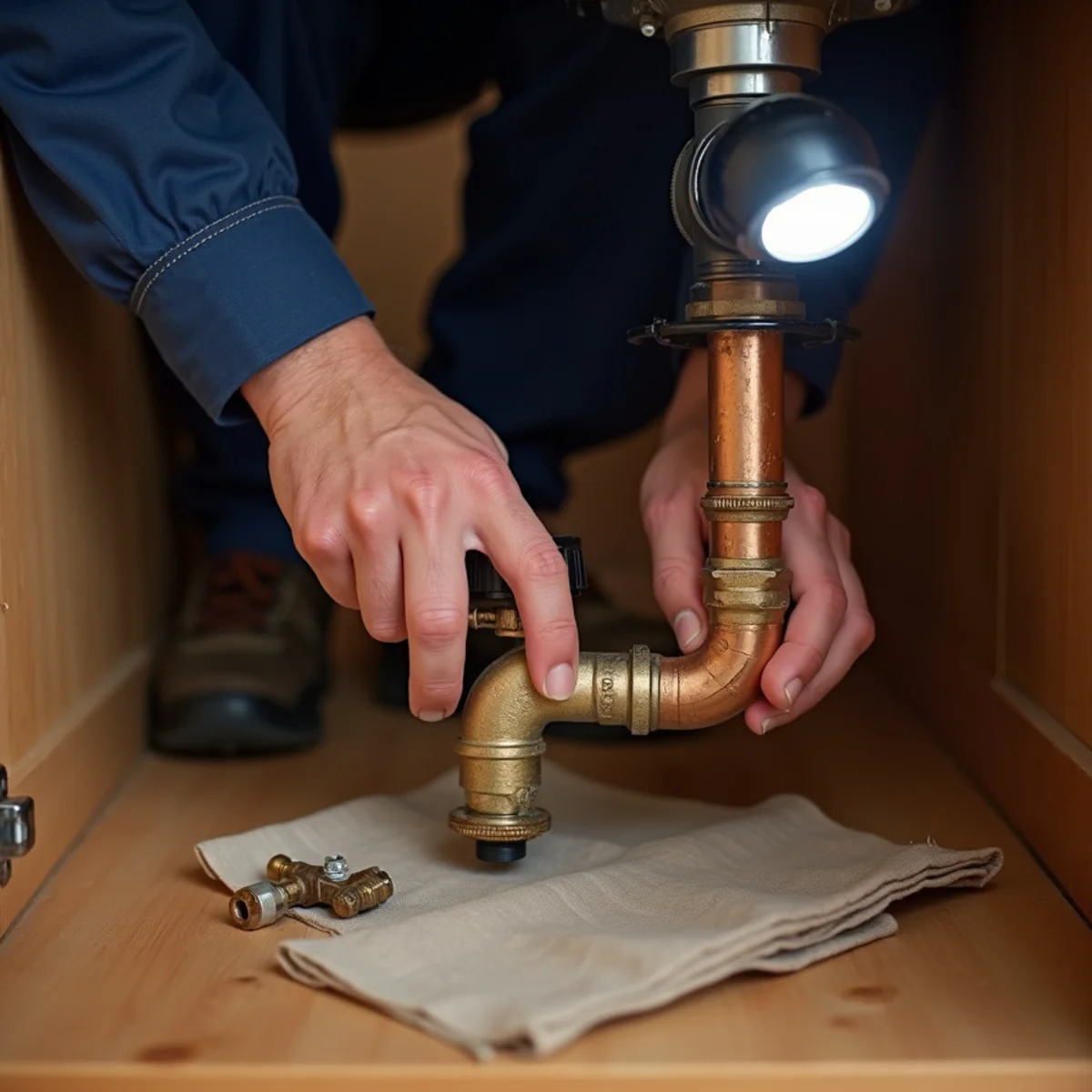 Plumber replacing quarter-turn shutoff valves under a kitchen sink in a Fredericksburg VA home