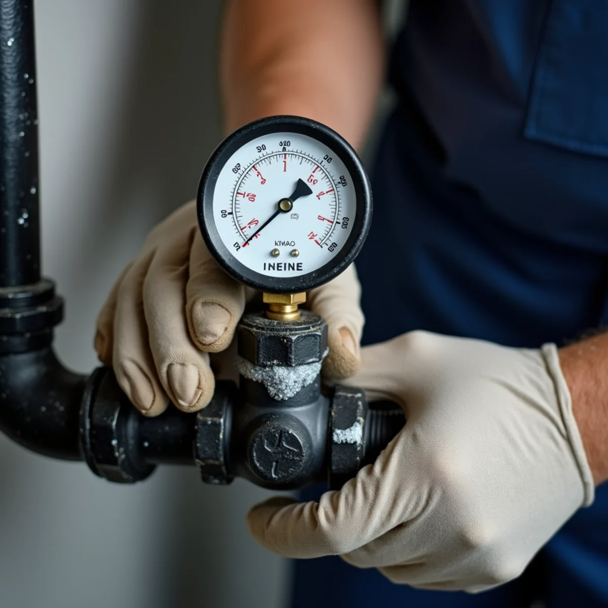 Licensed gas fitter pressure testing a new black iron gas line at a Fredericksburg VA home