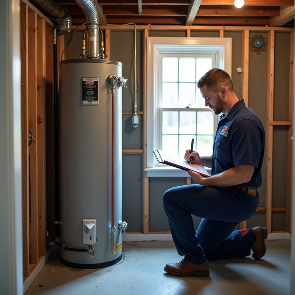 New gas water heater installed with expansion tank and drip pan in a Fredericksburg VA home