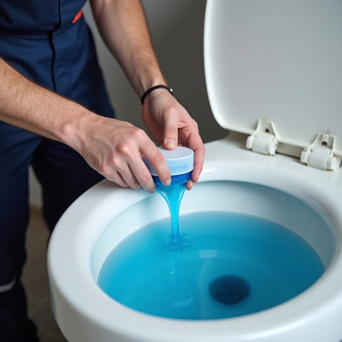Blue food colouring added to a toilet tank to test the flapper for leaks