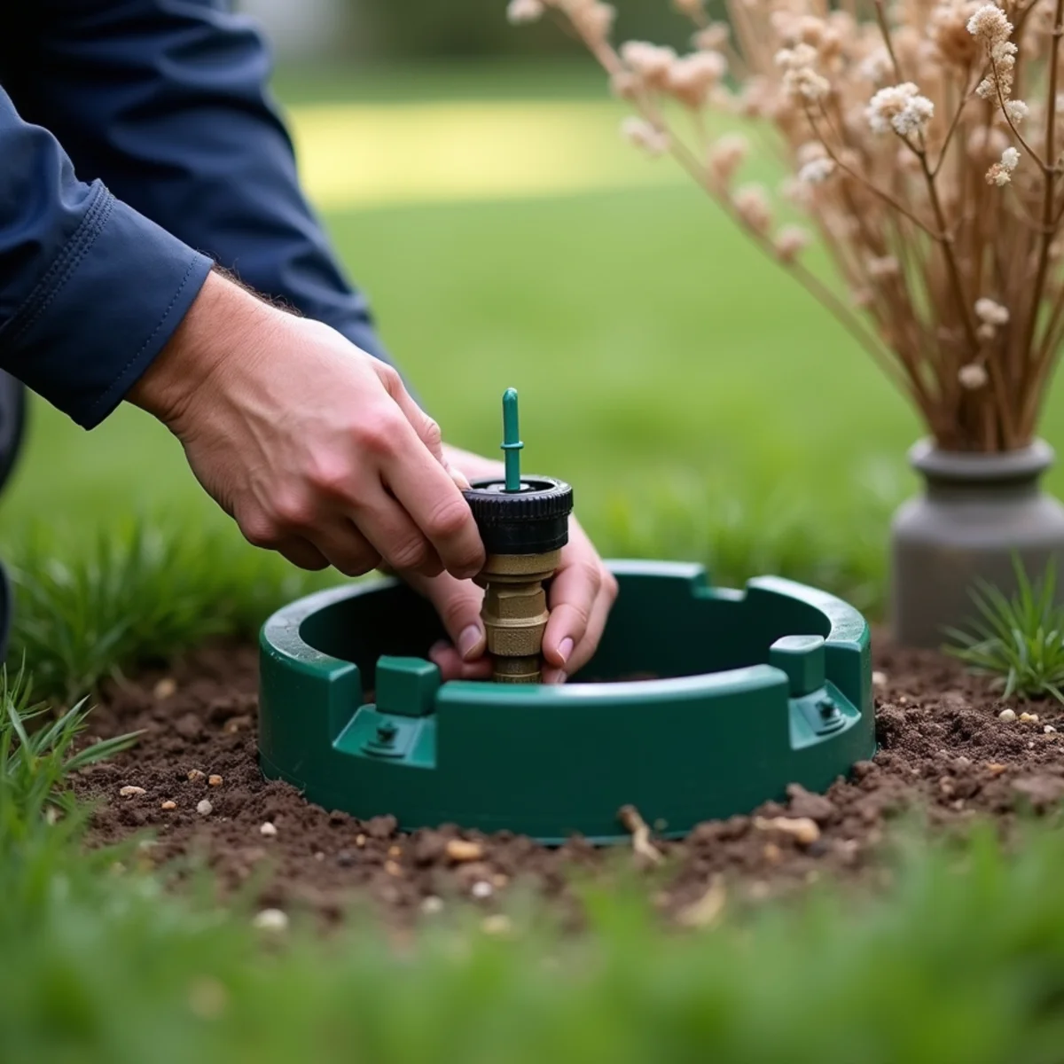 Hand closing an irrigation system shutoff valve in a garden utility box