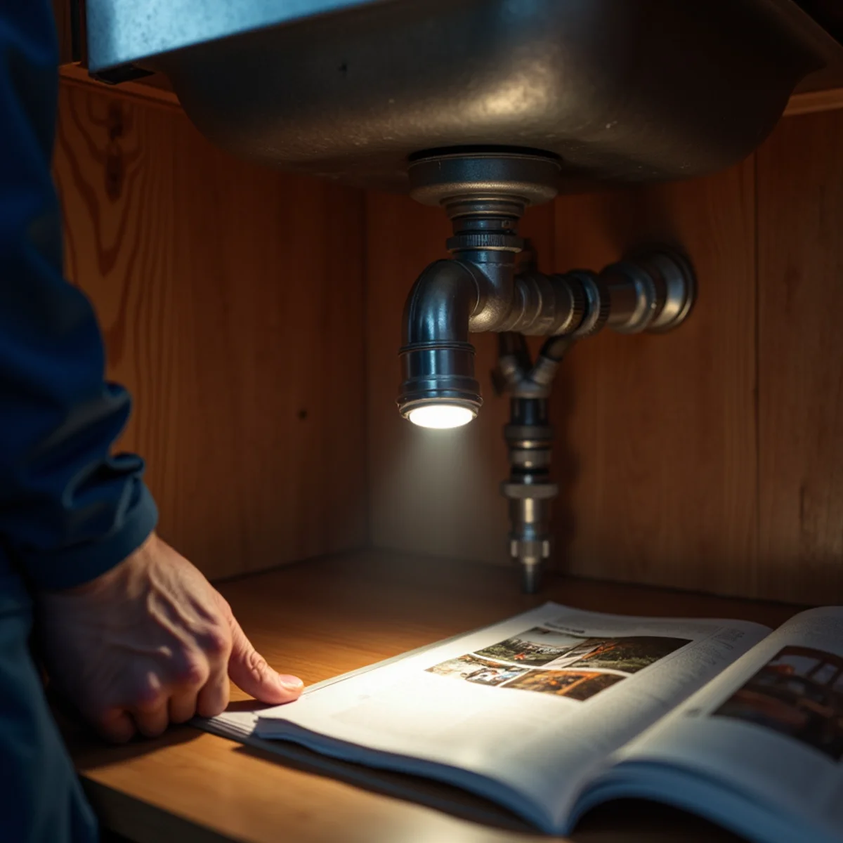 Flashlight inspection of braided supply lines and a P-trap inside a kitchen cabinet