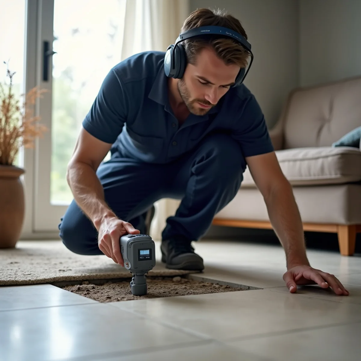Plumber locating a slab leak with acoustic listening equipment on a tiled floor