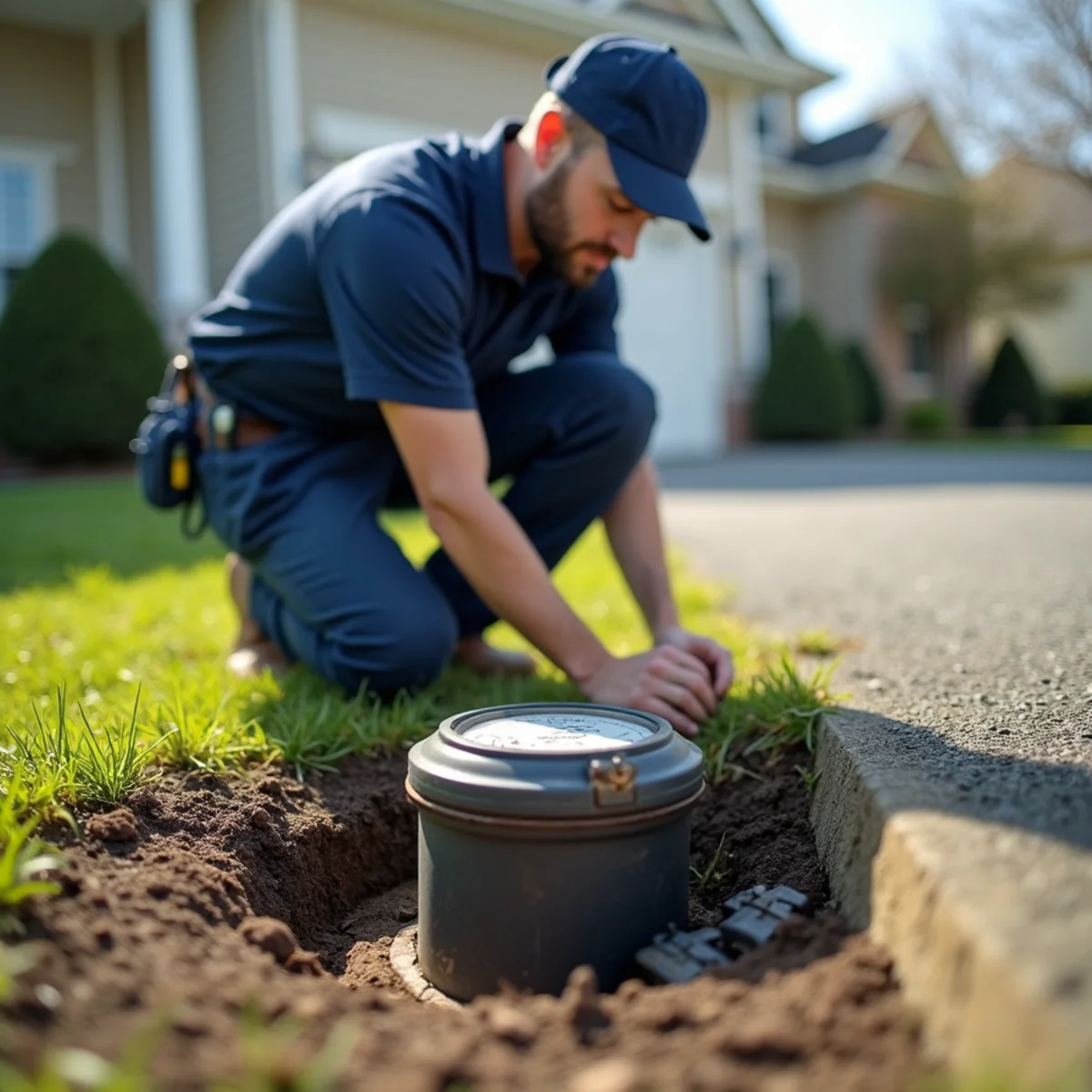 Homeowner checking the low-flow indicator on a residential water meter to test for a hidden leak