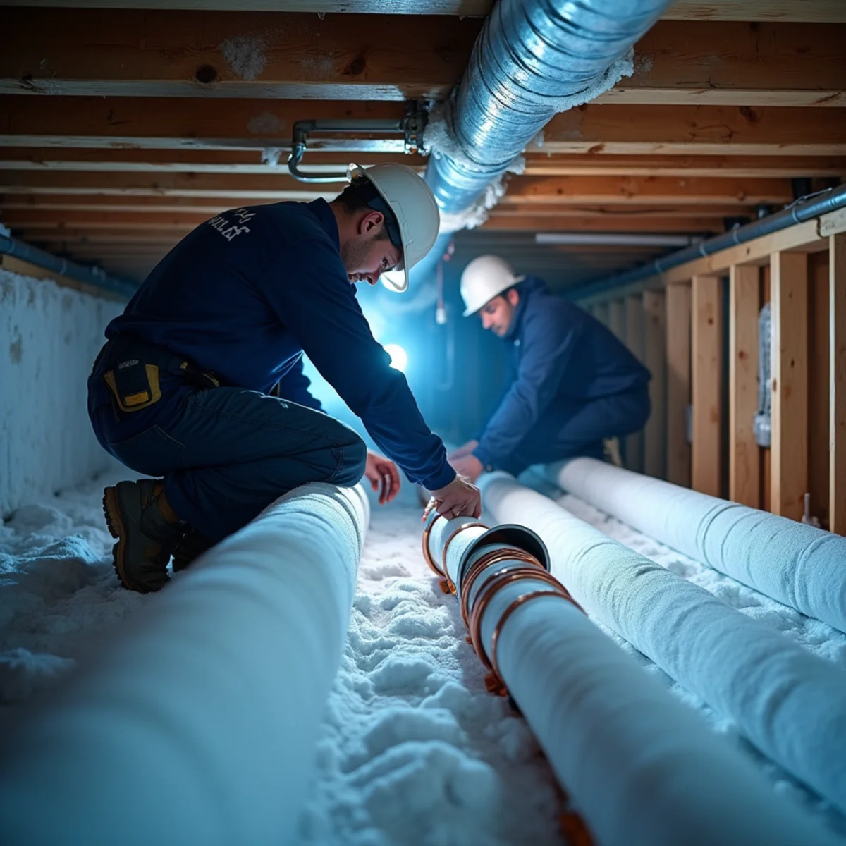 Foam pipe insulation installed on exposed water supply lines in a Virginia crawl space