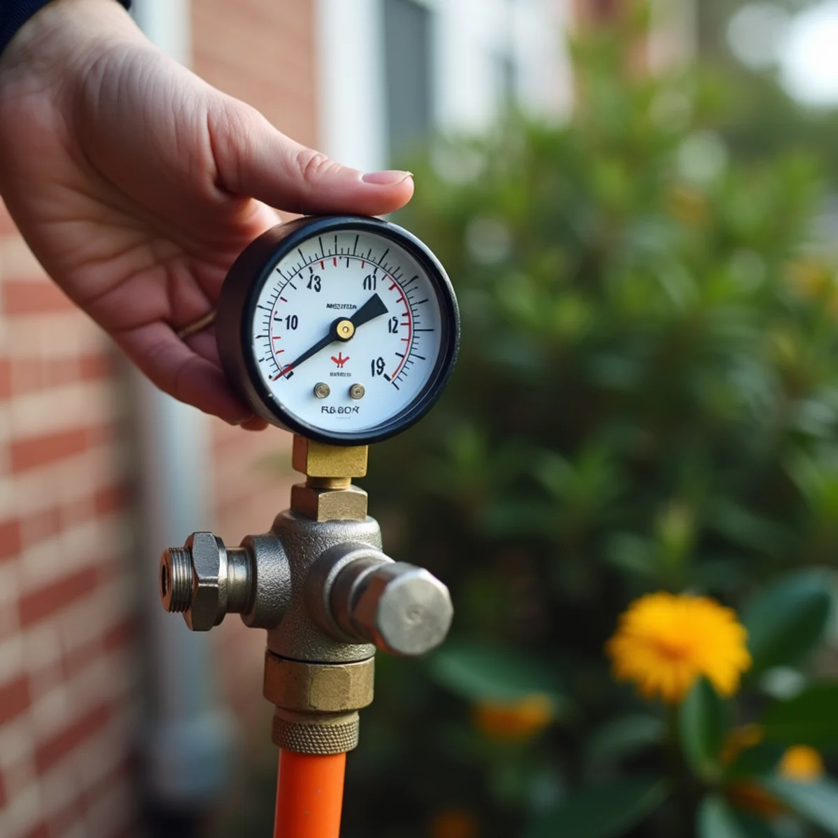 Water pressure gauge attached to a hose bib reading residential static pressure