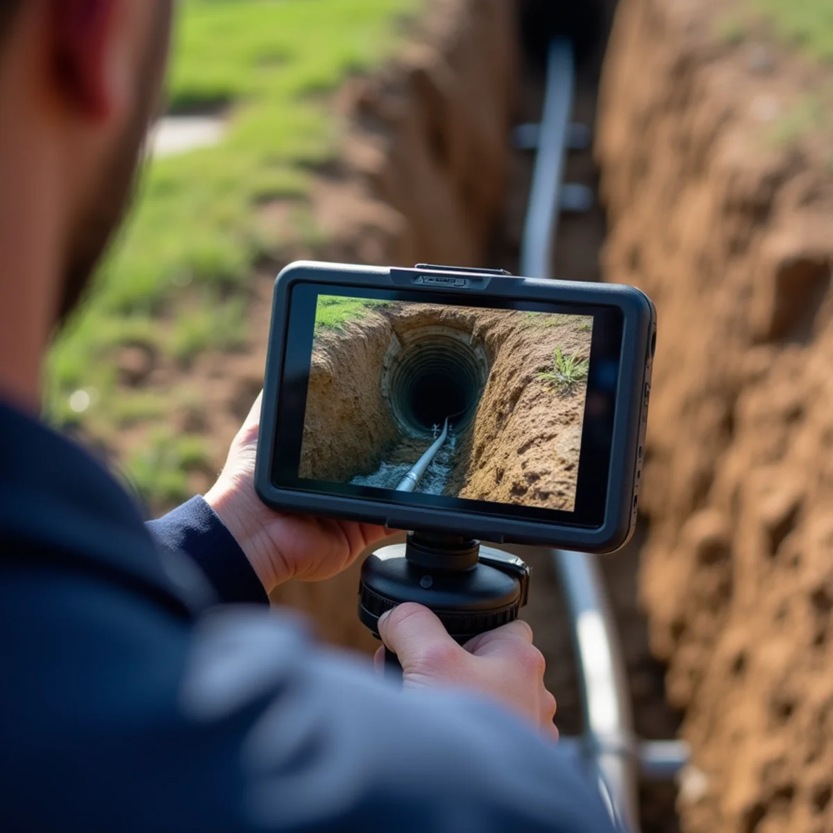 Sewer camera monitor showing root intrusion in a clay lateral at a Fredericksburg VA property