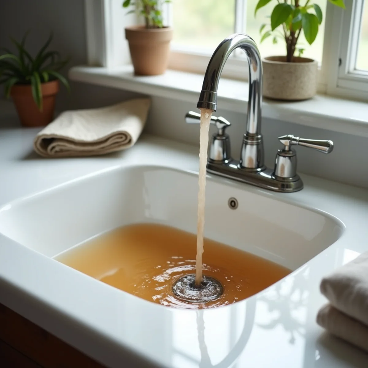 Rust-tinted water filling a white bathroom sink first thing in the morning