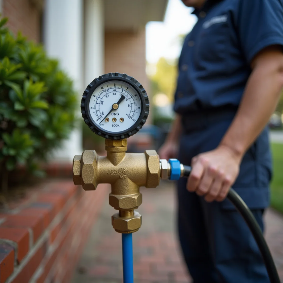 Water pressure gauge threaded onto an outdoor hose bib reading below 40 PSI