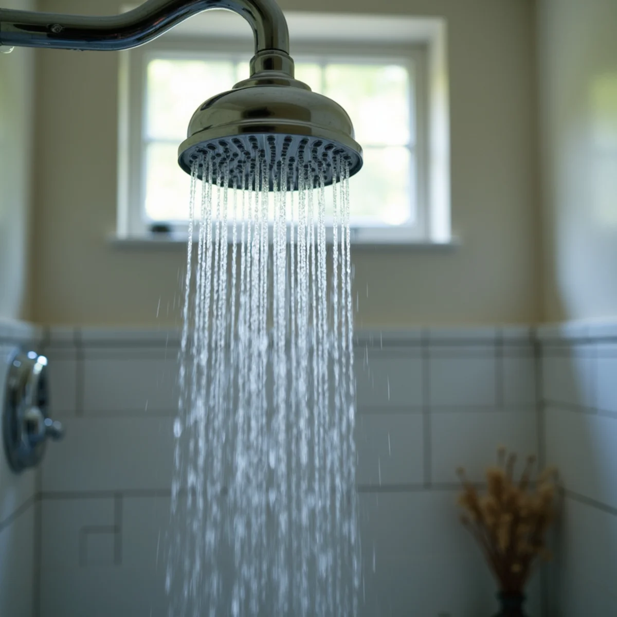 Weak shower flow from a mineral-clogged shower head in an older bathroom