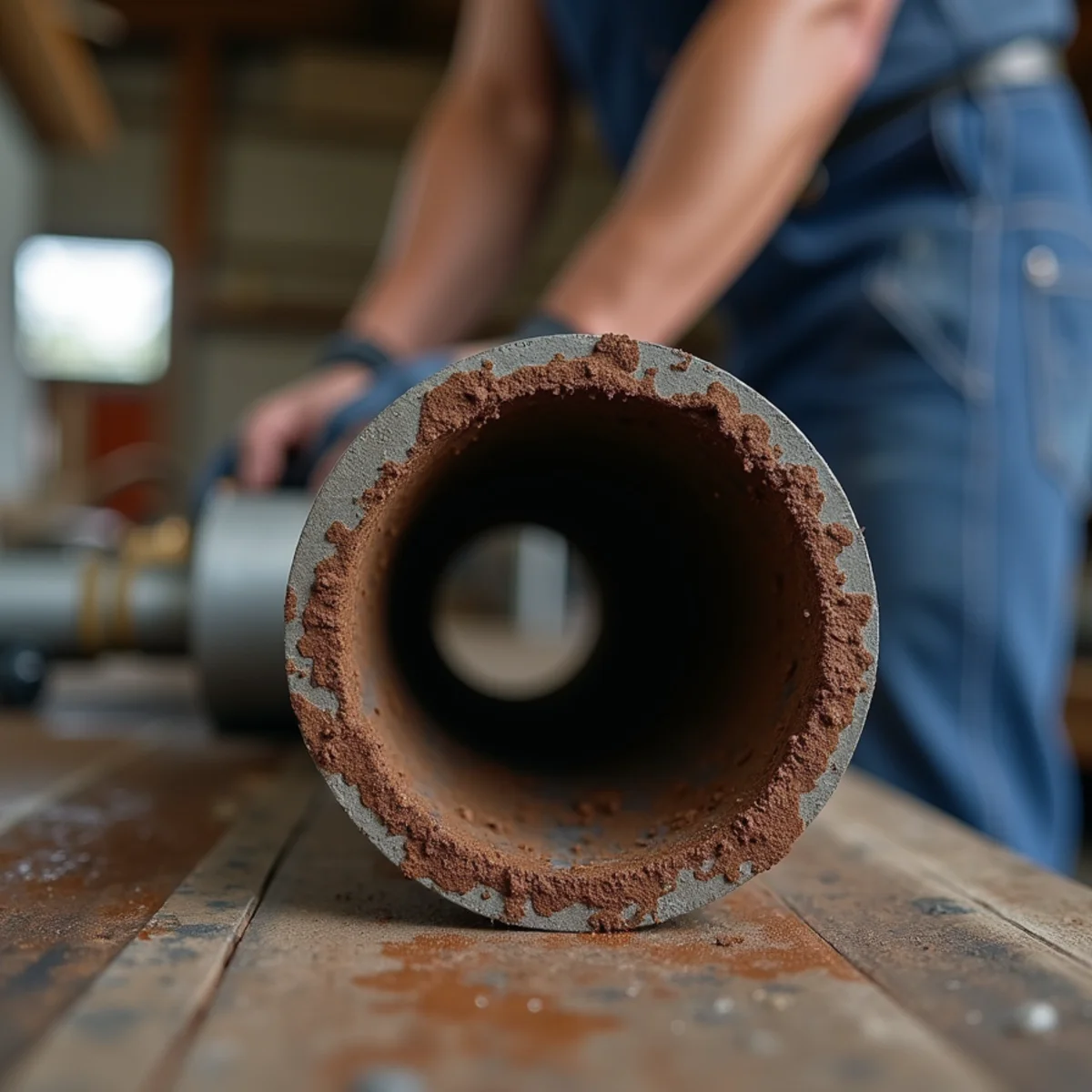 Cut section of galvanized steel pipe showing heavy internal scale and corrosion