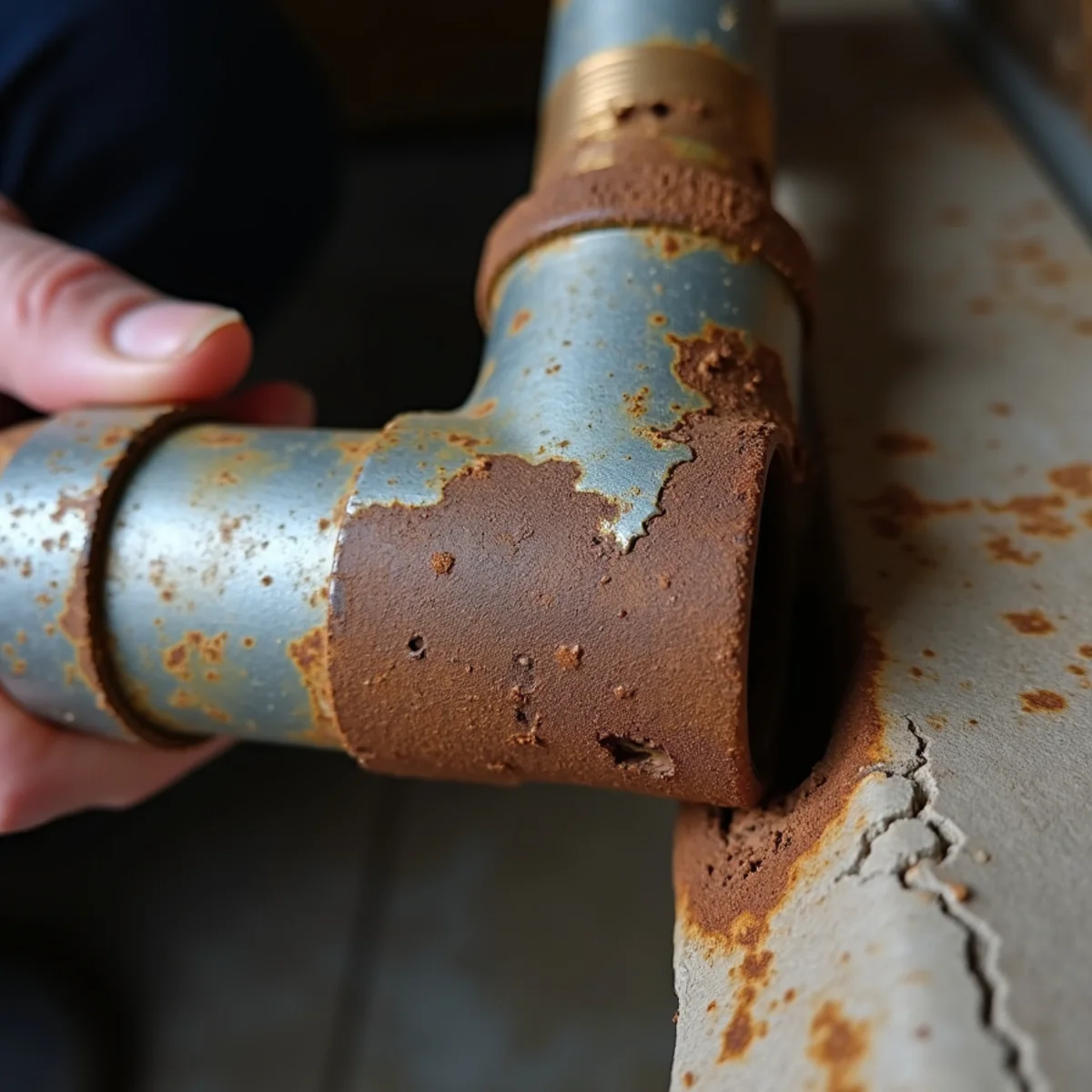 Rust bleeding from a corroded threaded joint on old galvanized plumbing