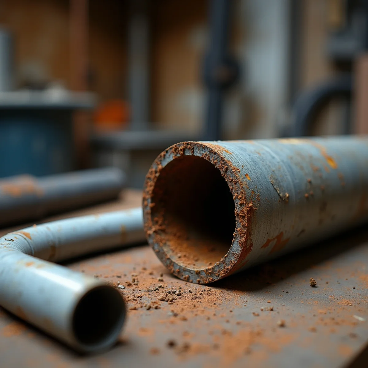 Corroded galvanized water pipe cut open showing internal scale buildup in a Fredericksburg VA home