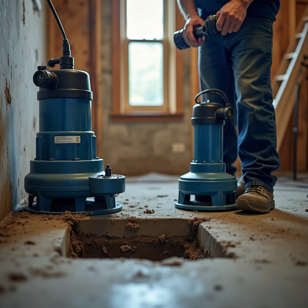 Submersible sump pump with check valve and battery backup installed in a Fredericksburg VA basement pit