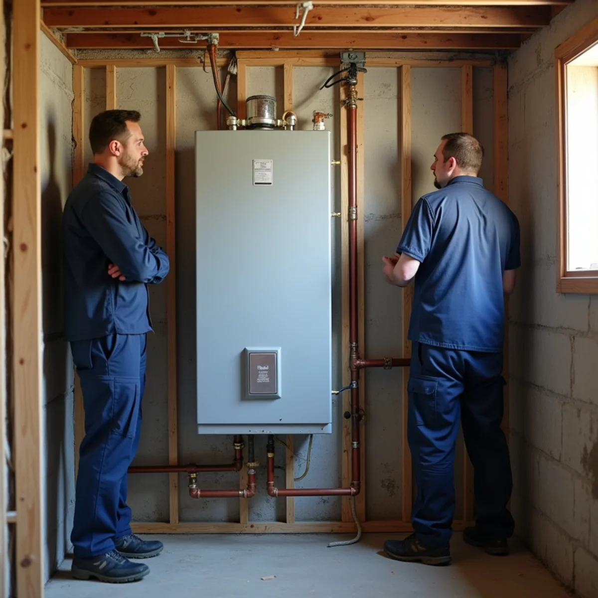 Wall-mounted tankless water heater beside a conventional tank water heater for comparison
