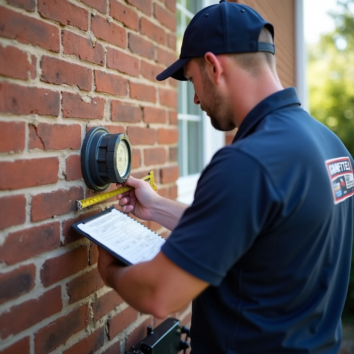 Plumber checking gas line size at a wall-mounted tankless water heater in a Fredericksburg VA home