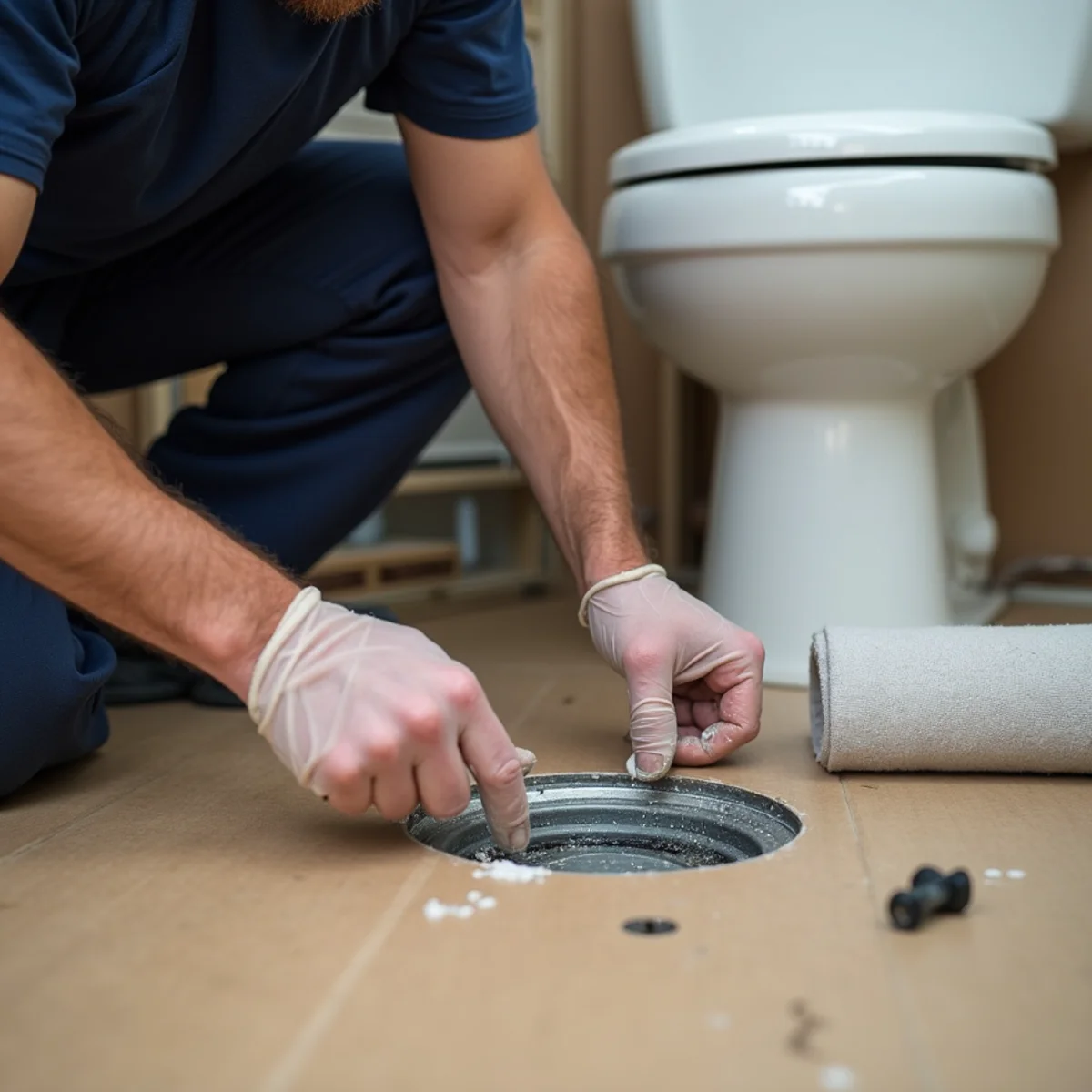 Plumber repairing a closet flange before setting a new toilet in a Fredericksburg VA bathroom