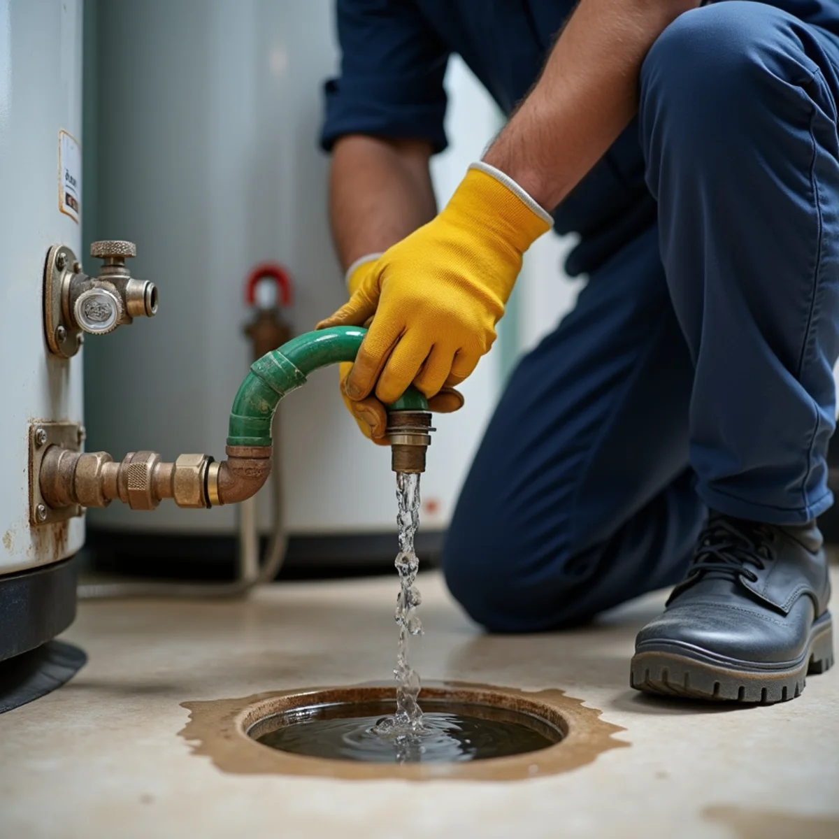 Plumber flushing sediment from a water heater tank in a Fredericksburg VA utility room