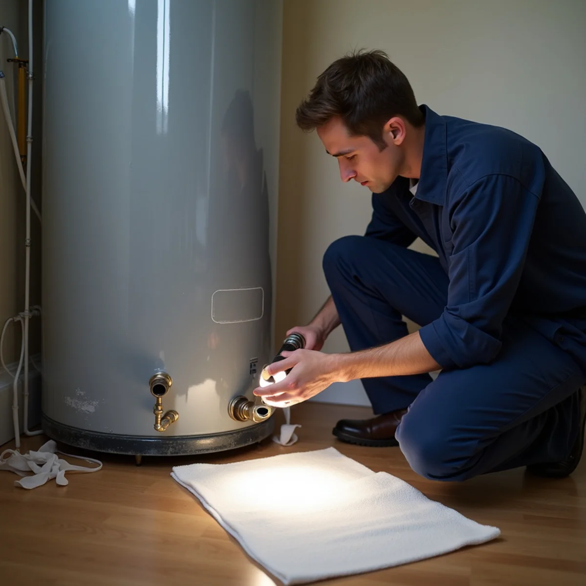 Plumber checking the base of a water heater tank for seepage from the shell