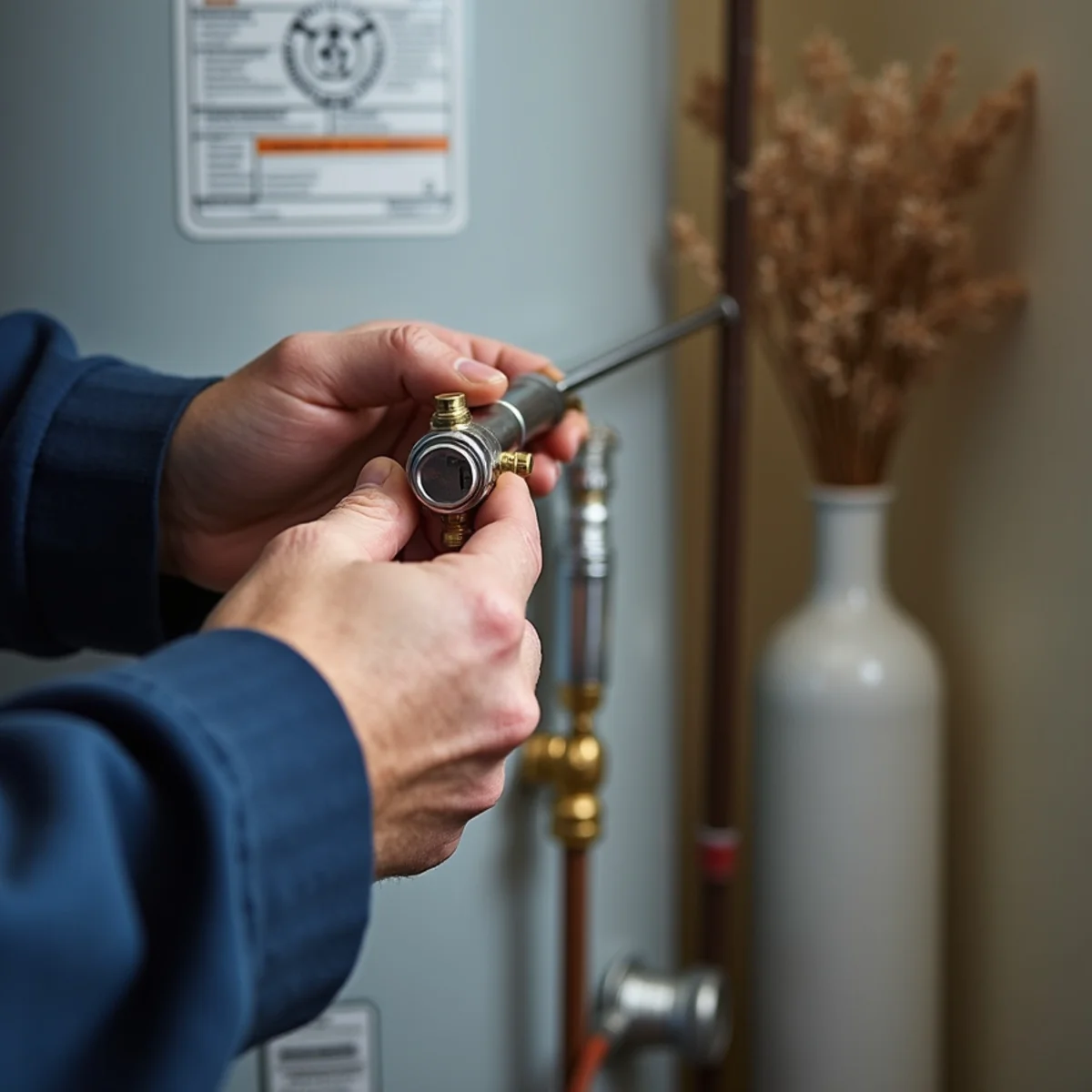 Plumber replacing a thermocouple on a gas water heater burner assembly