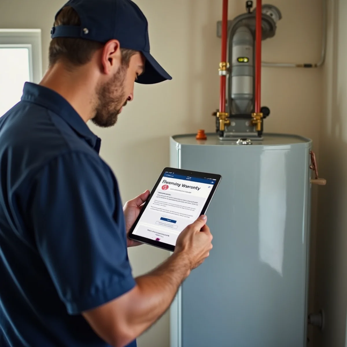 Plumber checking a water heater warranty on a tablet beside the installed unit