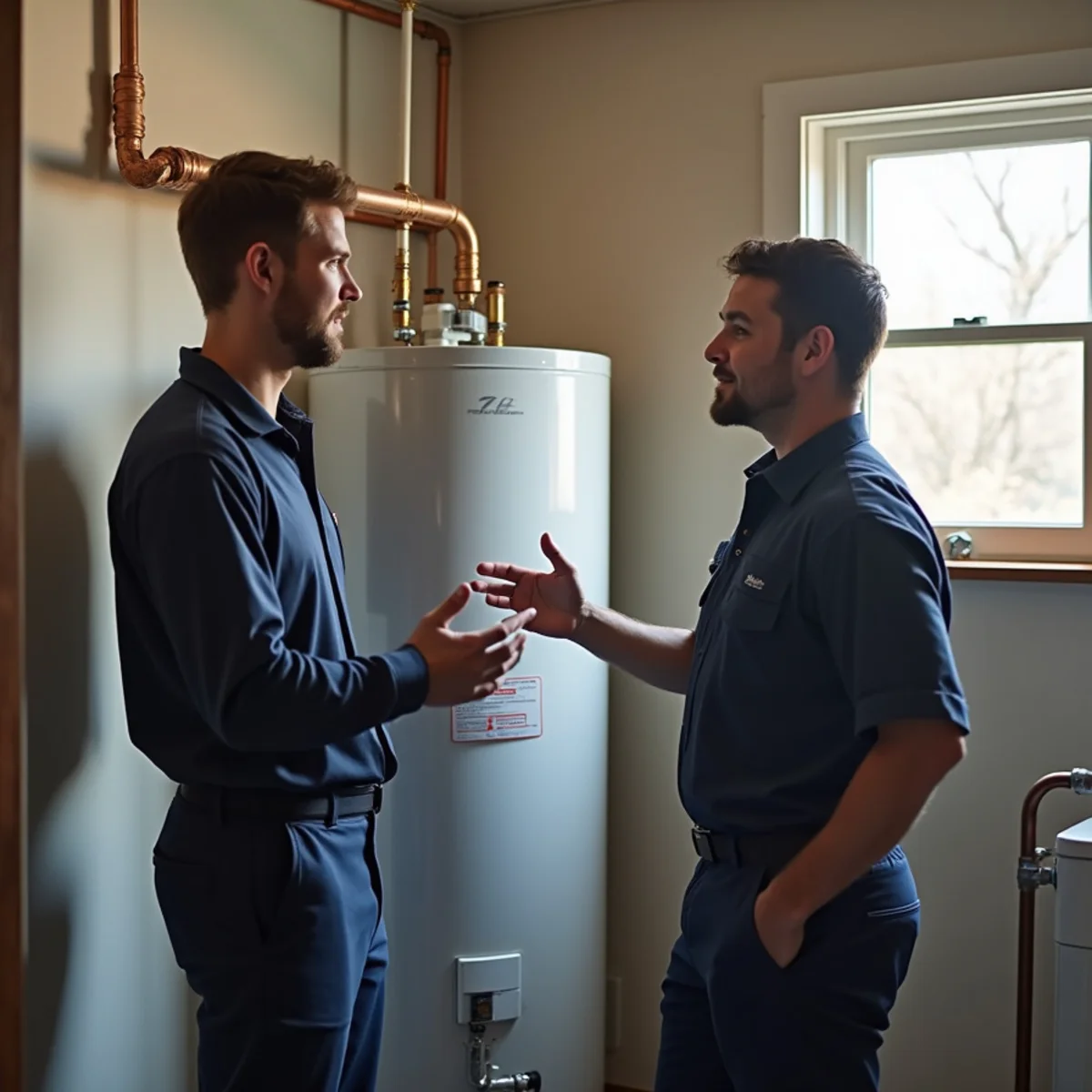 Plumber discussing water heater sizing with a homeowner in a utility room