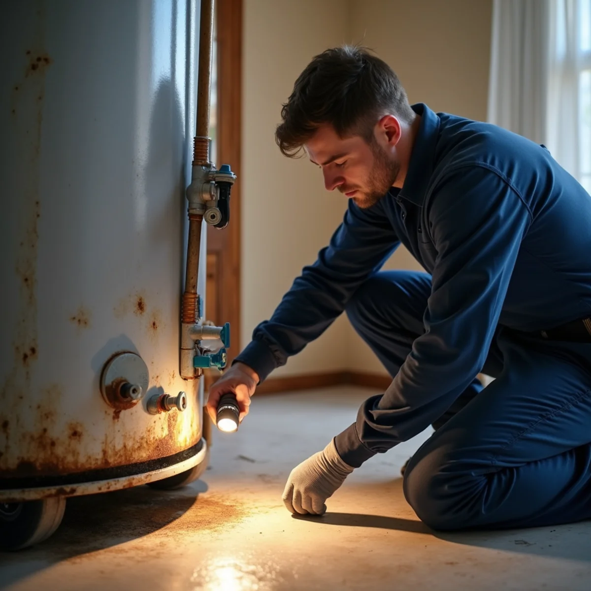 Technician checking the gas control valve and thermocouple on a water heater in Fredericksburg VA