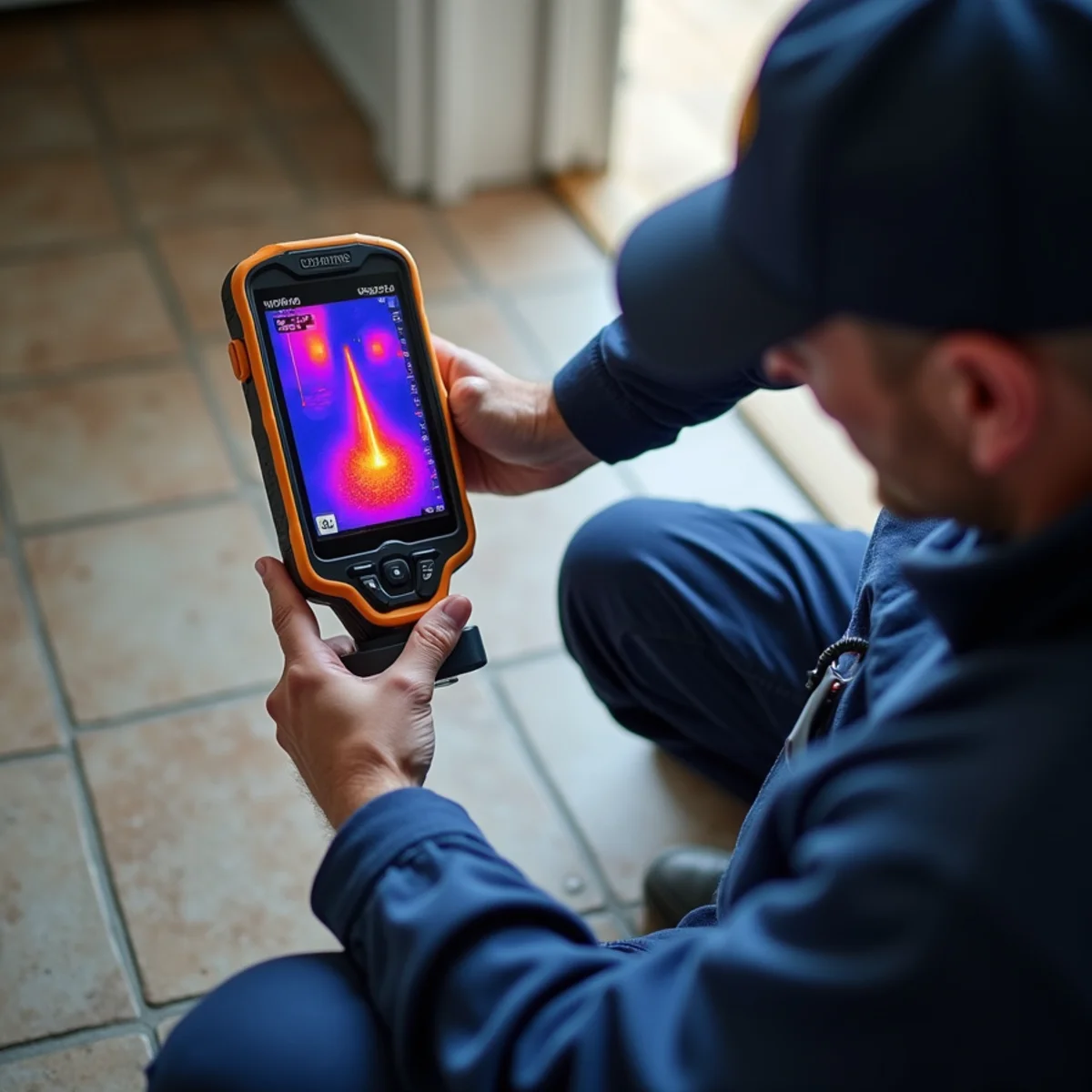 Plumber using acoustic leak detection equipment on a slab floor in a Fredericksburg VA home