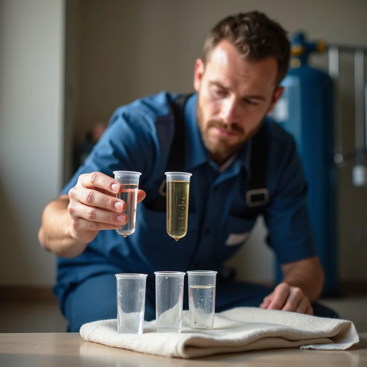 Plumber testing water hardness and iron at a Fredericksburg VA home before recommending treatment