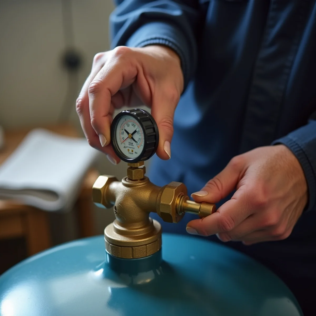 Plumber checking the air charge on a well pressure tank at a rural Spotsylvania County VA property