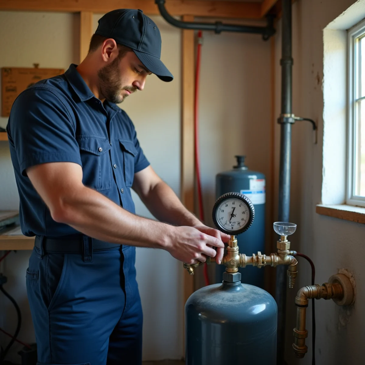 Technician servicing a well pressure tank and pump control in a rural Spotsylvania County VA home