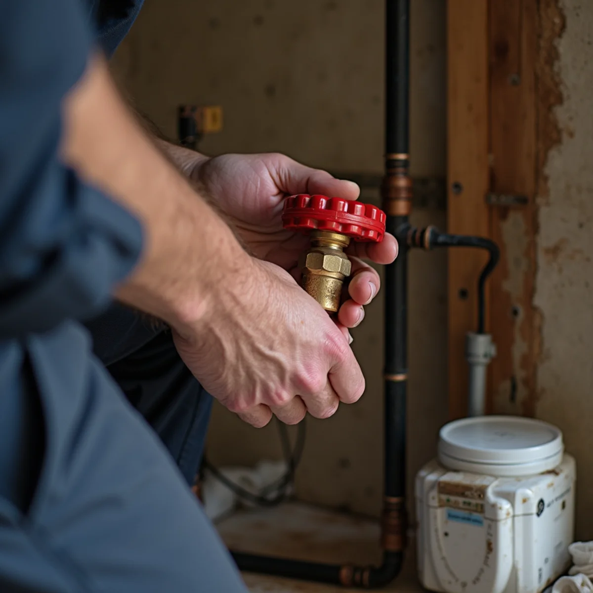 Homeowner closing the main water shutoff valve on a basement supply line
