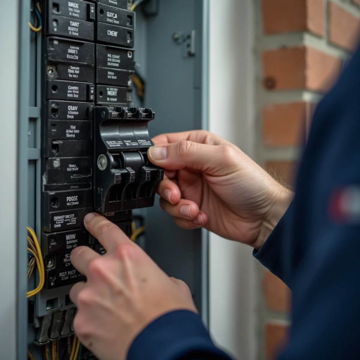 Hand switching off a circuit breaker at a residential electrical panel