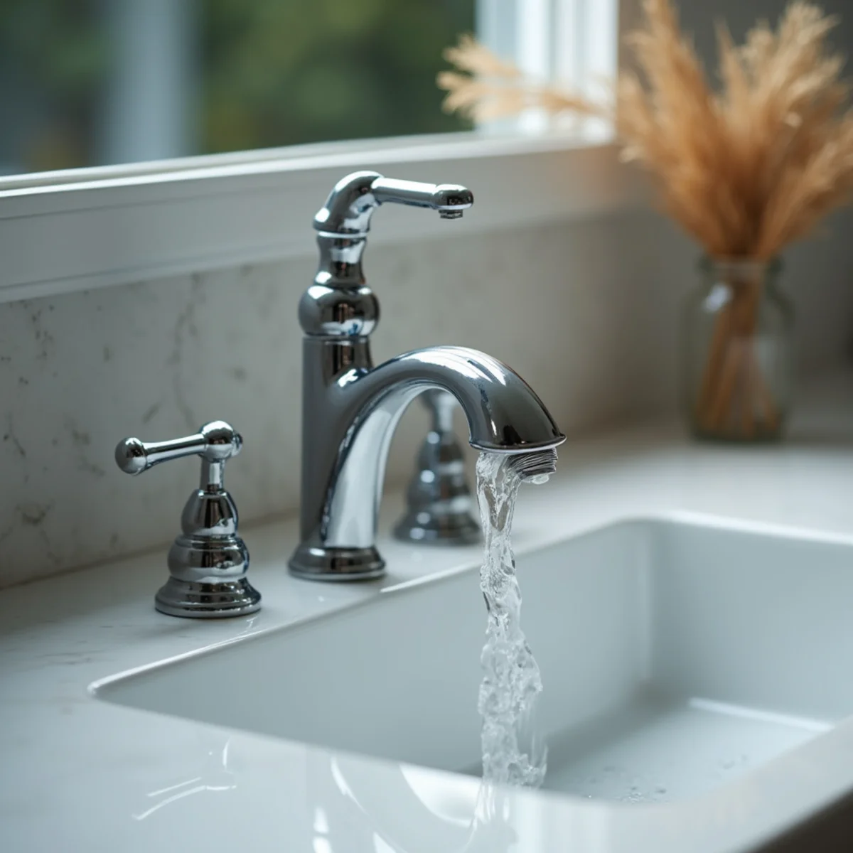 Open bathroom faucet draining the remaining water from a plumbing system