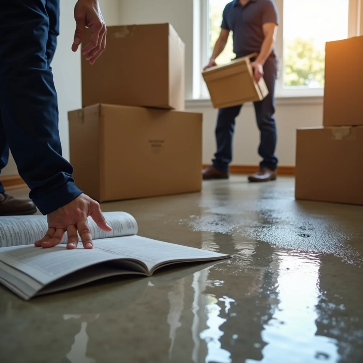 Homeowner lifting boxes clear of water spreading across a basement floor