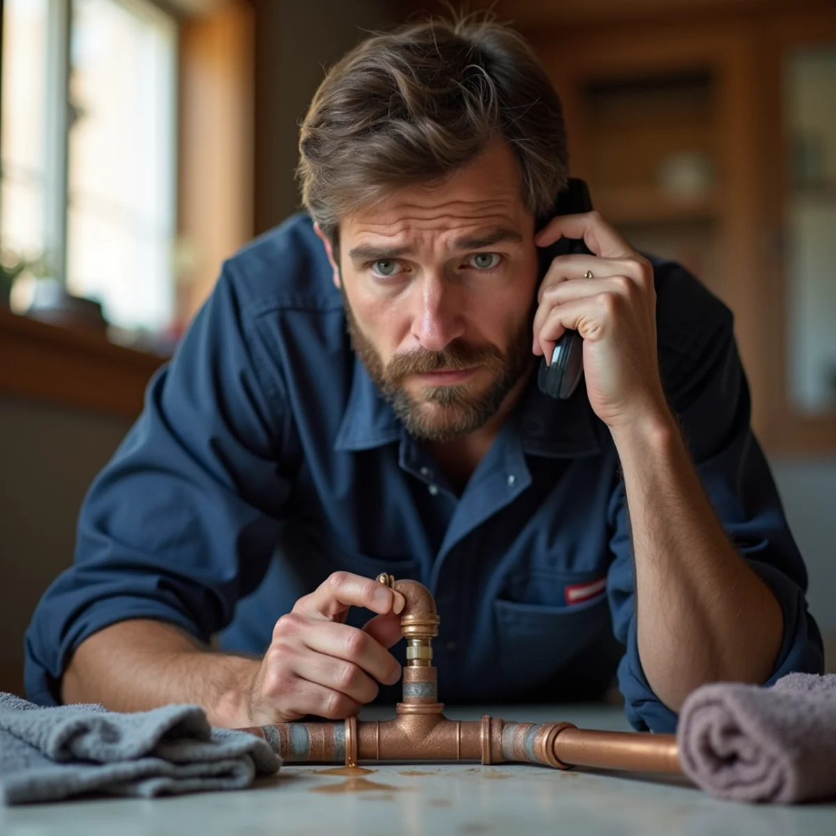 Homeowner calling an emergency plumber beside a burst copper supply line