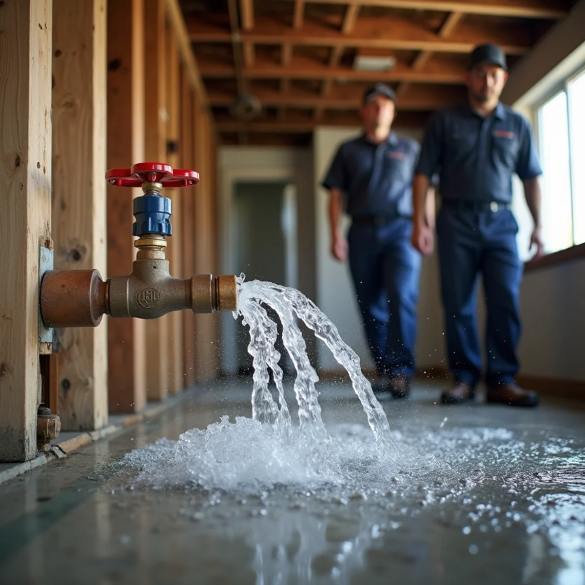 Homeowner closing the main water shutoff valve during a burst pipe emergency